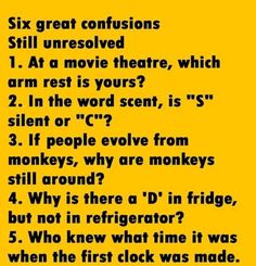 a yellow background with black text that says six great confusions still unressolved