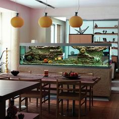 a dining room table and chairs with an aquarium in the background