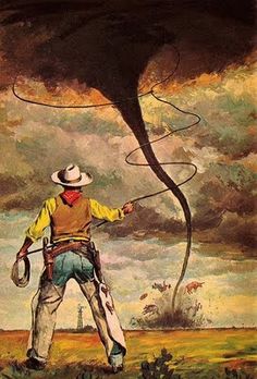 a painting of a man with a cowboy hat holding a lasso in front of a tornado