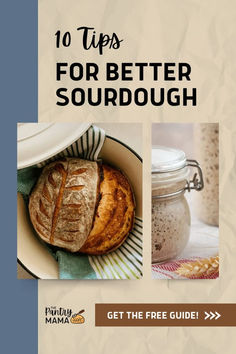 the cover of 10 tips for better sourdough, with images of bread and butter