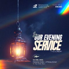 the poster for our evening service is shown in front of a rainbow - colored background