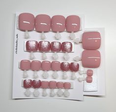 Rose Pink and Glitter Press On Toenails  Now available in 3 different styles. (Refer to photos)  Set includes - custom press on toenails 24 toenails in 12 sizes (sizes 0-11) instructions, file, buffer, cuticle stick, glue and alcohol wipe. Typically ships within 5 to 10 business days. Sometimes shorter, sometimes longer. Please be mindful that all sets are made to order and do take time. Your order is important  to me and will be made in the order it was placed. I am dedicated to creating salon Pink Toes, Crystal Nails, Nail Charms, Matte Nails, Photo Set, Nail Stickers, Pink Glitter, Baddie Outfits Casual, Nail Artist