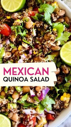 mexican quinoa salad in a bowl with limes