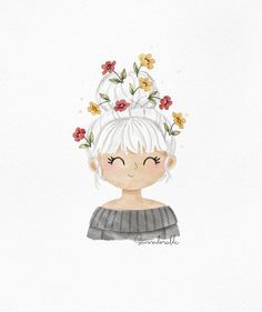 a drawing of a girl with flowers in her hair