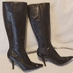 Like New, Size 8 1/2 M Ladies Leather Knee High Boots In Black. Never Worn Except To Try Them On Bc They Do Not Fit My Calves. In The Picture Of The Bottom Of The Boot, The Tread Lines Are Still Visible. They Are A Beautiful, Soft Black Leather With A Feminine, Curved 3 1/2" Stiletto Heel. Inside Circumference Of The Boot Is 15" At Calf. Leather Knee High Boots, Knee High Leather Boots, Ladies Shoes, Nine West Shoes, Soft Black, Stiletto Heel, Boot Shoes Women, Shoes Heels Boots, Nine West