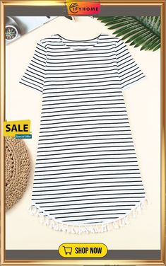 Crew Neck Striped T-shirt Mini Dress with Tassel Summer Cotton T-shirt With Fringe, Summer Cotton Fringe T-shirt, Summer Fringe Cotton T-shirt, Casual Cotton Dresses With Tassels, Casual Cotton Dress With Tassels, Casual Summer Fringe T-shirt, Casual Cotton Fringe Dress, Casual Short Sleeve Dress With Fringe, Casual Fringe Mini Dress For Summer