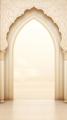 an arch in the middle of a room with white tile flooring and columns on either side