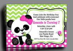 a panda bear birthday party with green leaves and pink polka dot border around the edges