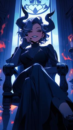 an anime character sitting in a chair with horns on her head and eyes closed, staring at the camera