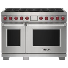 a stainless steel oven with red knobs on the front and side doors, is shown