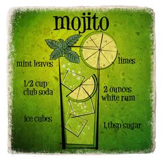 the mojito cocktail recipe is shown on a green background