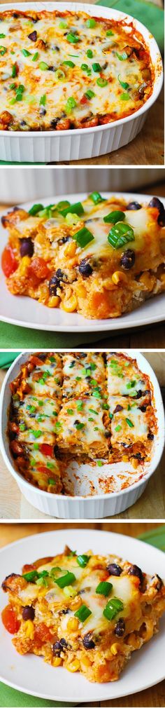 four different views of an enchilada casserole with cheese and vegetables