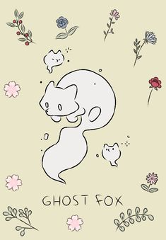 a cat that is sitting on top of a flowery branch with the words ghost fox above it