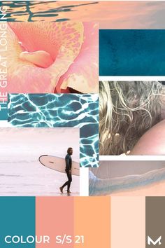 a woman walking on the beach with a surfboard in her hand and several different color swatches