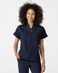 Navy Womens Scrub Tops, Oversized Sleeves, Oversize Sleeves, Types Of Plastics, Fall Over, Loose Sleeves, Womens Scrubs, Recycled Bottles, Collar Top