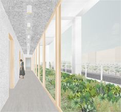 an artist's rendering of a woman walking down a long hallway with plants on both sides