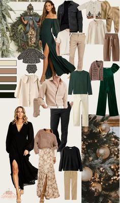 a collage of different outfits and accessories for the holiday season, including sweaters, pants