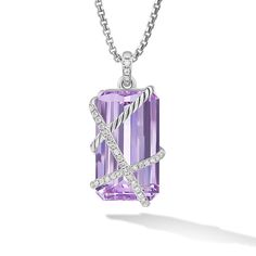 The Cable Wrap Collection redefines how a gemstone is set. Instead of using prongs or a bezel to hold the stone in place, it is elegantly wrapped with strands of Cable and diamonds. Sterling silver Lavendar amethyst, 32mm Pave-set diamonds, 0.92 total carat weight Amulet, 35 x 21.7mm Functioning bail allows pendant to attach to a necklace or bracelet. Style Number:D17554DSSAALDI Luxury Purple Jewelry With Accent Stones, Luxury Kunzite Jewelry With Accent Stones, Elegant Purple Jewelry With Polished Finish, Luxury White Gold Amethyst Necklace, Luxury Purple Diamond-cut Jewelry, Elegant Amethyst Gemstones With Accent Stones, Elegant Polished Amethyst Gemstones, Luxury Lavender Jewelry As A Gift, Luxury Lavender Amethyst Jewelry