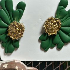 Green/Gold Flower Stud Earrings. Metal/Clay/Heavy Green Flower Shaped Earrings For Spring, Green Flower-shaped Earrings For Spring, Green Flower Earrings For Party, Green Flower Shaped Earrings For Party, Green Flower-shaped Party Earrings, Green Flower Shaped Party Earrings, Flower Stud Earrings, Earrings Metal, Flower Stud