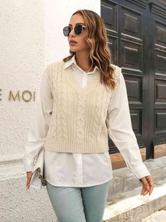 Features: Cable-knit Stretch: Moderate stretch Material composition: 100% acrylic Care instructions: Machine wash cold. Tumble dry low. Imported Product measurements: S: bust 35.9 in, length 19.9 inM: bust 37.8 in, length 20.3 inL: bust 39.8 in, length 20.9 in Apricot Sweater, Winter Knitwear, Poncho Jacket, Vest Sweater, Smart Casual Wear, Sleeveless Sweater Vest, Sweater Vest Women, Innovative Fashion, Outfits For Women