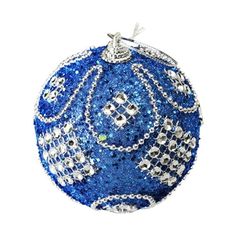 a blue ornament with white and silver beads on it's side, in the shape of a ball