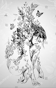 a drawing of a woman with flowers and butterflies in her hair on a gray background