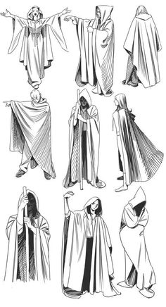 six black and white illustrations of cloaks with different capes on their shoulders, arms outstretched