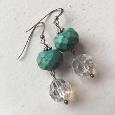 Handmade Earrings Faceted Turquoise Magnesite And Iridescent Swarovski Crystals Sterling Silver Earrings Nwt