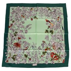 Gucci brand new scarf with flowers and birds, green, mint color way, 100% silk, 35" x 35". Hand rolled edges. Scarf Aesthetic, Gucci Brand, Green Hydrangea, Square Silk Scarf, Green Mint, Floral Squares, Dream Style, Floral Scarf, Mint Color