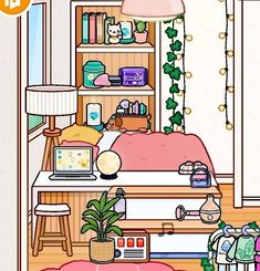 the room is decorated in pink and green colors, with lots of clutter on the shelves