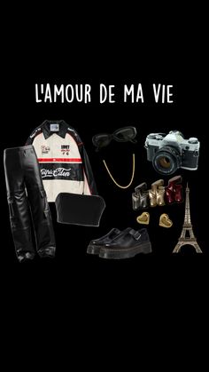 a black background with the words, l'amour de ma vie and various items