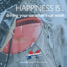 a car that is covered in snow with the words happiness is driving your car after a car wash