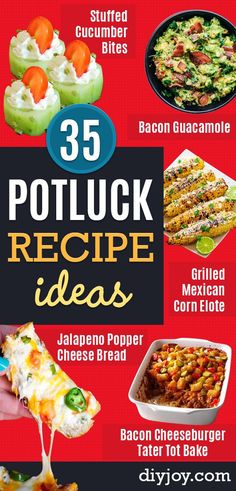 the cover of 35 potluck recipe ideas with pictures of different types of food