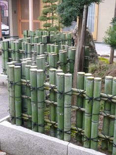 a bunch of bamboo poles that are next to each other on the sidewalk in front of a building