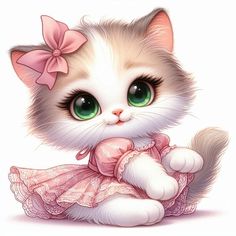 a white kitten wearing a pink dress with a bow on its head and green eyes