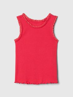 Soft cotton T-shirt.  Crewneck with lace trim.  Sleeveless.  For more fit and sizing info, check out our Size Guide. Spring Cotton Tank Top By Gap, Playful Gap Tops For Summer, Playful Solid Color Tops For Playwear, Gap Ruffled Tops For Summer, Gap Tops For Spring, Playful Summer Tops By Gap, Playful Summer Tops From Gap, Playful Gap Summer Tops, Basic Spring Playwear Tops