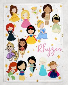 the disney princesses are all in different colors and sizes, with stars around them