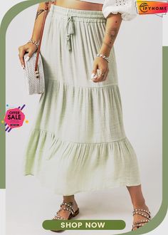 Green Drawstring High Waist Tiered Long Skirt