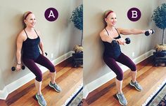 a woman is doing exercises with dumbbells on the floor in front of a wall