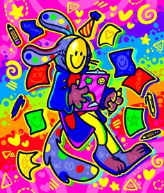 a drawing of a person sitting on the ground with colorful shapes around him and holding an object in his hands