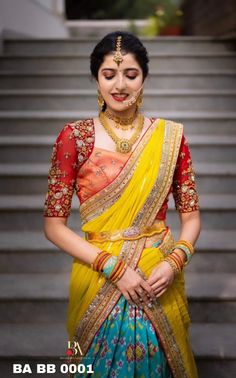 Muhurtham Hairstyle, Marriage Blouses, Look 2022, Wedding Blouses, Indigo Saree, Mang Tika, Bride Saree, Maggam Blouse