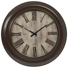 a brown clock with roman numerals on the face