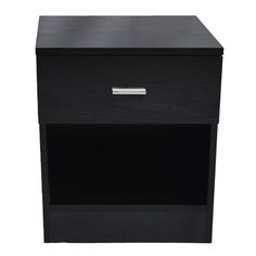 a black night stand with two drawers on one side and an open drawer on the other