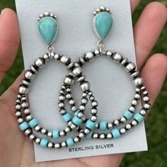 Navajo 925 Sterling Silver Turquoise Pearl Double Loop Earrings. 2.75 Inch Ap Loop Earrings, Silver Turquoise, Turquoise Sterling Silver, Jewelry Earrings Studs, Sterling Silber, Diy Jewelry, Jewelry Earrings Dangle, Beaded Jewelry, Dangle Earrings