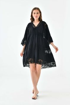 The season we all look forward to is finally here! And you will not want to miss out on this beautiful Oversized 3/4 Sleeves Lace Detailed V Neck Mini Dress. With a v neckline and knee length, this dress has all the elements you need in a dress that is ideal for a city break or a night out with friends! SPECS: Material: Viscose Color: Black Fit: Relaxed Size: Oversized *Suitable for UK size 8-16 Product Highlight: ● Oversized fit with details. ● Versatile design. ● Suitable for various occasions. ● Flattering fit. ● A versatile addition to your wardrobe. 💦CARE INSTRUCTIONS: ● Check the care label for instructions. ● Pre-treat stains before washing. ● Machine wash on a gentle cycle with cold water. ● Use a mild detergent suitable for delicate fabrics. ● Avoid bleach and fabric softeners. ● Black 3/4 Sleeve Beach Dress, Black Beach Dress With 3/4 Sleeve, Oversized 3/4 Sleeve Beach Dress, Black 3/4 Sleeve Summer Dresses, Black Summer Dresses With 3/4 Sleeves, Black Summer Dress With 3/4 Sleeves, Black 3/4 Sleeve Dress For Brunch, Product Highlight, V Neck Mini Dress