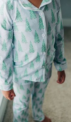 Button Down - Blue Christmas Tree – Sugar Bee Clothing Bee Clothing, Button Down Pajamas, Santa Mini, Family Christmas Tree, Meet Santa, Family Pjs, Santa Pictures, Blue Christmas Tree, Button Outfit