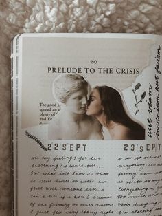 an open book with writing on it and a picture of a man kissing a woman