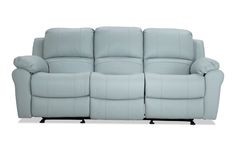 a light blue leather reclining sofa with two pillows on the arms and backrests