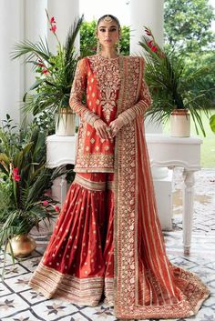 Malangi Fashion Dress try to make sure you have the best experience while selecting and buying your favourite Pakistani and Indian Outfits for any occasion like barat, walima, mehndi, nikkah, dholki, mayu, sangeet, engagement or reception guest party wear in different style dress of salwar kameez, maxi peshwas, gown, saree, lehenga, sharara or ghararara color: Orange Fabric Details: Embroidered Net For Front Embellished With Handmade. Embroidered Net For Back. Embroidered Net For Sleeves. Embroi Pakistani Sharara, Pakistani Wedding Dress, Net Dress, Readymade Saree, Chiffon Collection, Party Kleidung, Pakistani Wedding Dresses, Luxury Bridal, Pakistani Bridal