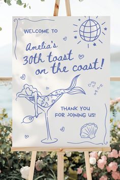 a sign that says welcome to ania's 30th float on the coast thank you for joining us